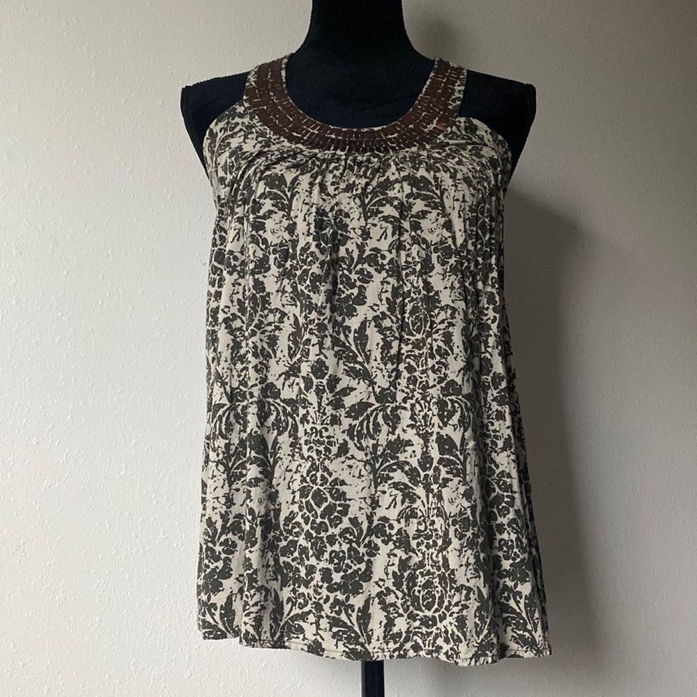 Green + White Abstract Floral Halter Tie Top w/ Sequins - Elle